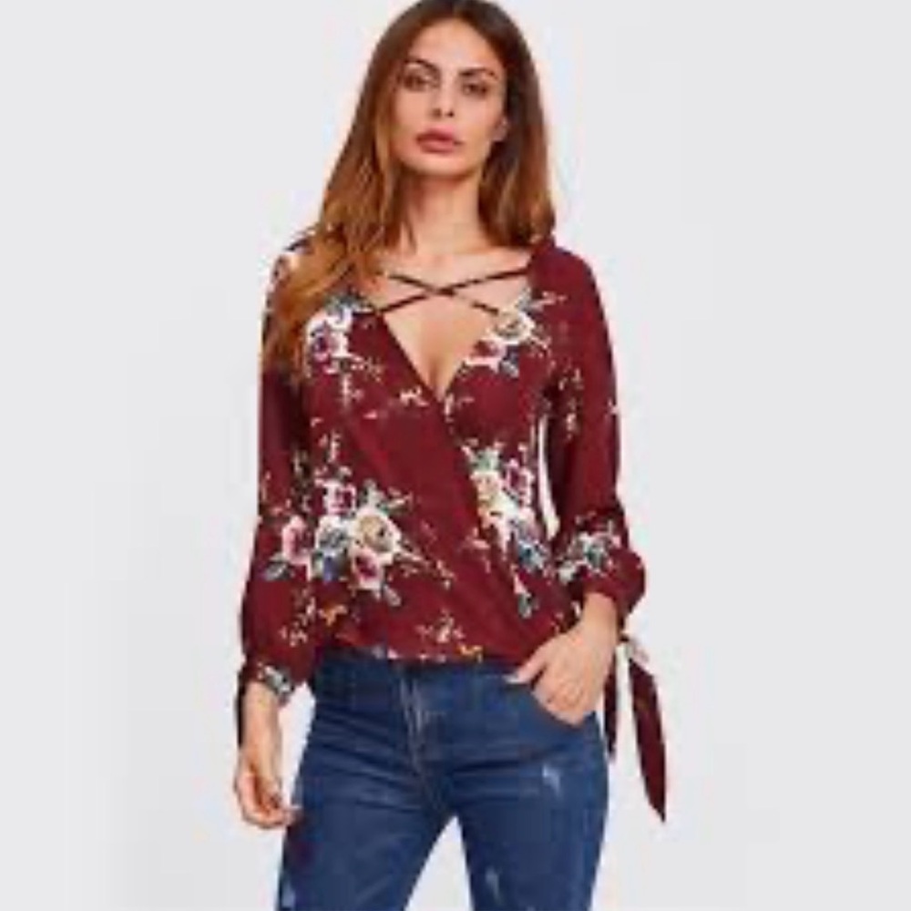 Forever 21 Red Floral Wrap Blouse